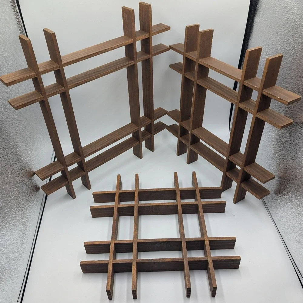 3 Wooden Shadow Box Shelf Brown Grid Wall Display 13.5